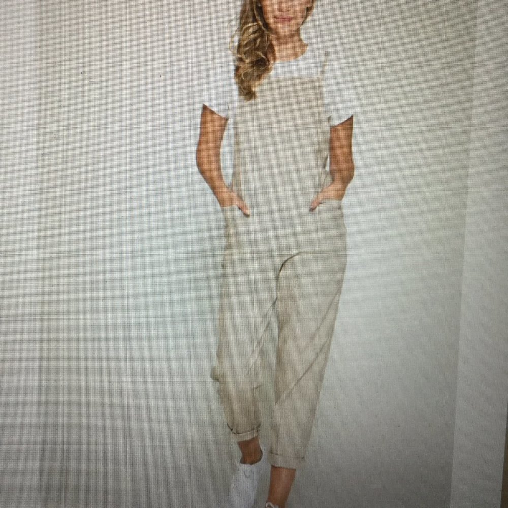 Lindsey Washed Linen  Jumpsuit tan in color adjustanle straps size large